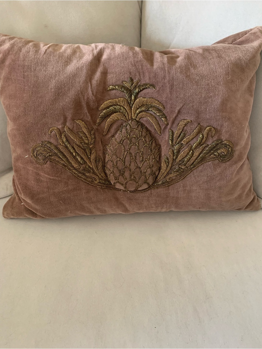 Tommy Bahama Rose Velvet feather Pillow with Gold Embroidered Pineapple.